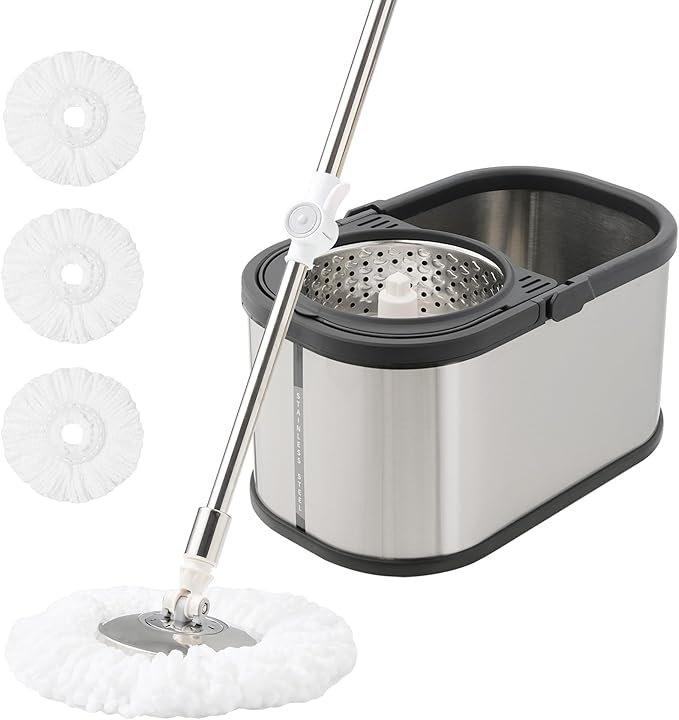 Stainless Steel Spin Mop and Bucket with Wringer Set, 360° Spinning Mop Bucket Floor Cleaning System with 4 Microfiber Mop Replacement Heads