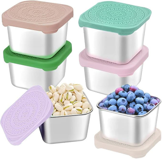 HTEVW 6Pack Stainless Steel Snack Containers for Kids, Easy Open Leak Proof Metal Toddler Snack Containers with Silicone Lids