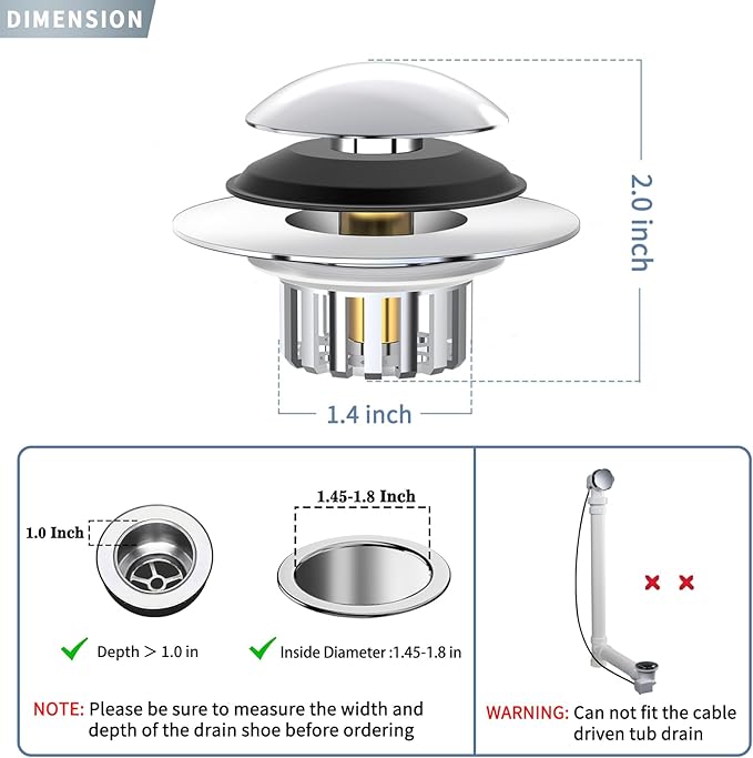 Universal 3 in 1 Bathtub Drain Stopper Bathtub Drain Hair Catcher, Pop-up Tub Stopper with Effective Filter Basket