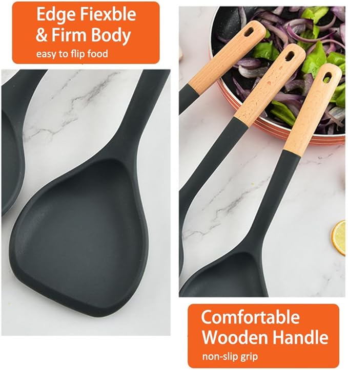 Wok Spatula, Silicone Wok Spatula Turner with Heat Resistant Wooden Handle, Kitchen Utensil Cooking Shovel Scoop Ladle for Scooping, Flipping, Stirring, Durable BPA-free Nonstick Cooking, 13.2Inch