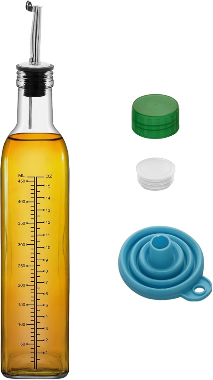 1 Pc 17oz Olive Oil Dispenser Bottle,500ml Glass Oil and Vinegar Dispenser Set with 1 Stainless Steel Pourers,Funnel Oil Bottles for Kitchen (Clear Scale)