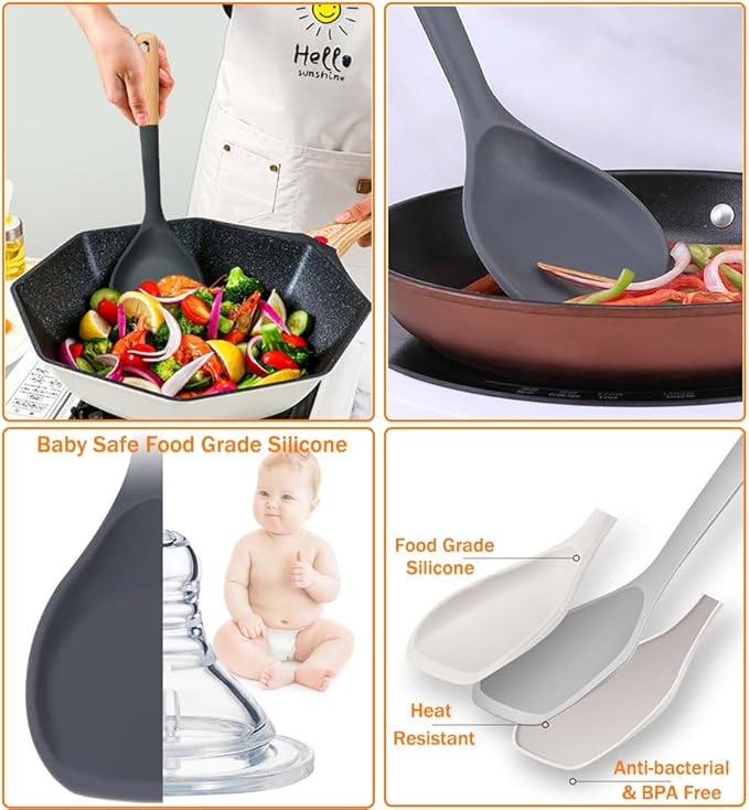 Wok Spatula, Silicone Wok Spatula Turner with Heat Resistant Wooden Handle, Kitchen Utensil Cooking Shovel Scoop Ladle for Scooping, Flipping, Stirring, Durable BPA-free Nonstick Cooking, 13.2Inch