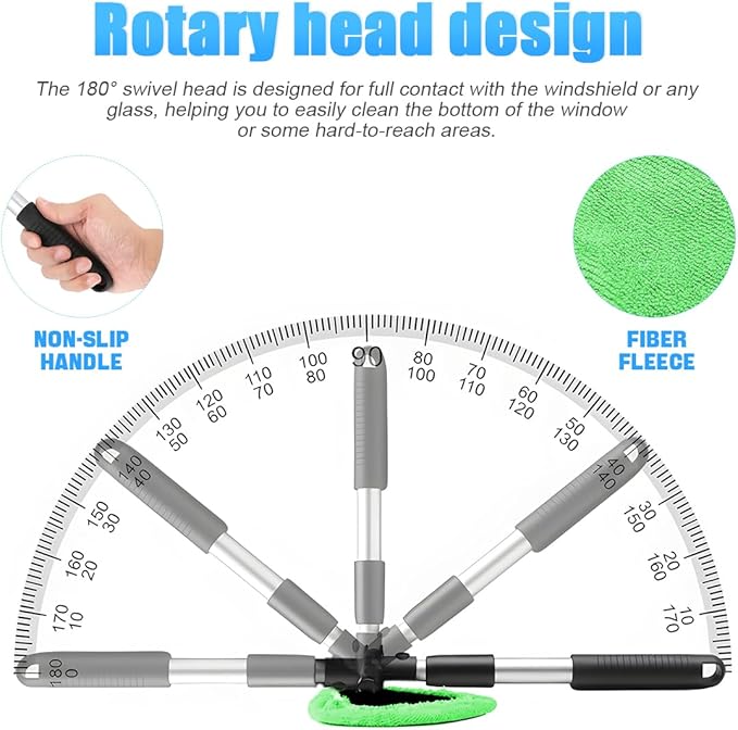 Windshield Cleaning Tool, Car Window Cleaner with Extendable Long Handle and 4 Washable Reusable Microfiber Pads