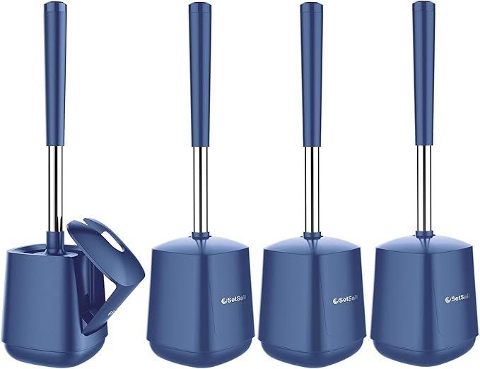 SetSail Toilet Brush and Holder 4 Pack, Self Closing Lid Toilet Bowl Brushes Holder Extra Long Handle Ventilated Toilet Brush Set for Bathroom Cleaning, Nylon Bristles, Dark & Blue