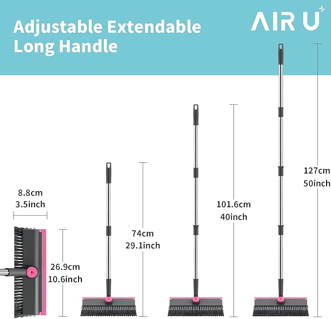 AIR U+ Floor Scrub Brush with Long Handle, 3 in 1 Scrape and Heavy-Duty Stiff Bristle Scrubber Brush for Cleaning Shower Bathroom, Patio, Pool, Garage