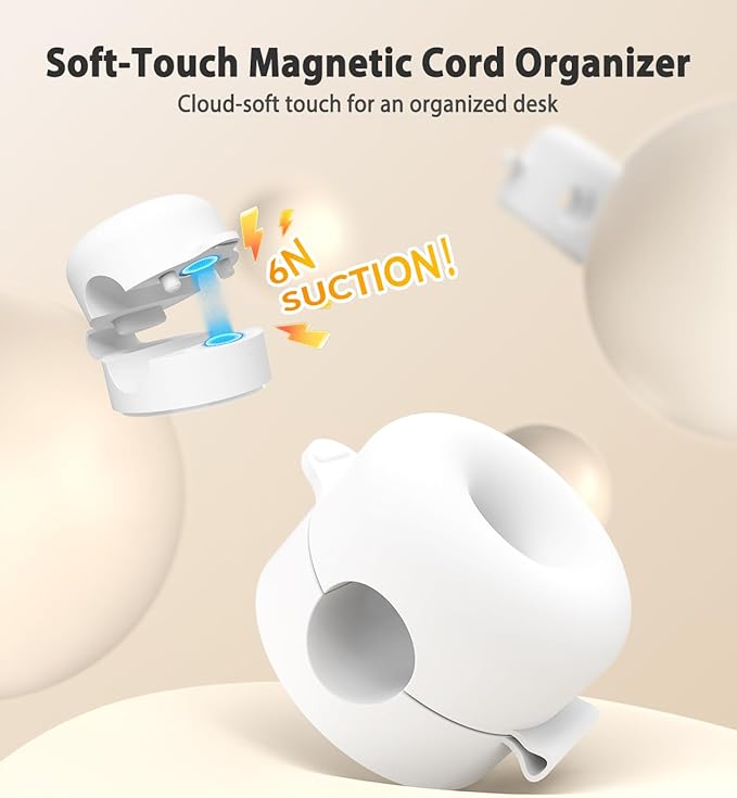 Magnetic Cable Clips 8 Pack, Silicone Cord Organizer with Strong 3M Adhesive, Durable Cable Management Under Desk Wire Hider, Cord Holder for Nightstand, Desk,Office, Home & Car (White)