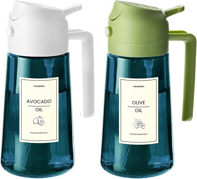 TrendPlain 16oz/470ml Blue Glass Olive Oil Sprayer for Cooking - 2 in 1 Olive Oil Dispenser for Kitchen Gadgets, Air Fryer, Salad, and BBQ - White & Green