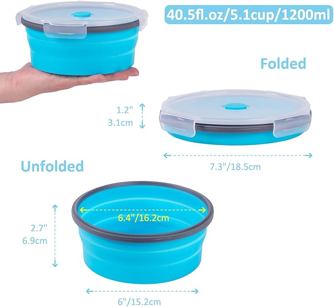Collapsible Food Storage Containers with Airtight Lid & Vent, 40.5 oz, Kitchen Stacking Silicone Collapsible Meal Container Set for Leftover