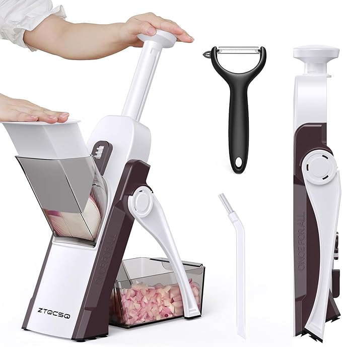 5 in 1 Safe Mandoline Slicer for Kitchen, Safe Vegetable Chopper with Paring Knife, Adjustable Thickness, Easy to Clean, Vegetable Slicer, Slicing, Strips, Shredding, Dicing, Chop (Brown)