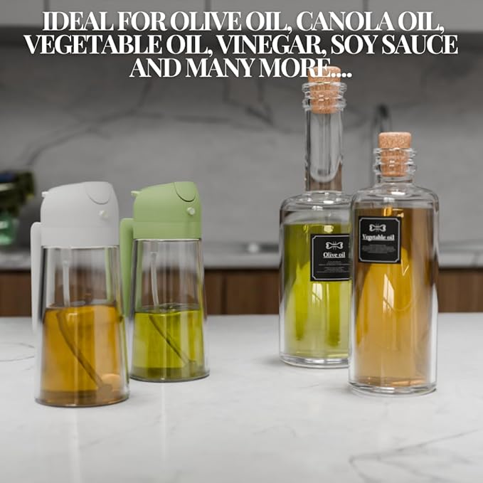 2-in-1 Oil Dispenser and Sprayer, 16oz/470ml Glass Olive Oil Spray Bottle for Cooking, Leakproof and Refillable Oil Mister for BBQ, Salad, and Baking (Green)