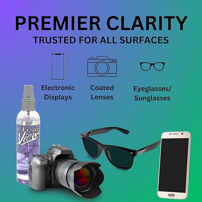 Glare Guard Clear View Lens Cleaner w/Microfiber Cleaning Cloth,Anti-Streak Glasses Cleaner Spray,Pro-Grade Eyeglass & Sunglass Cleaner