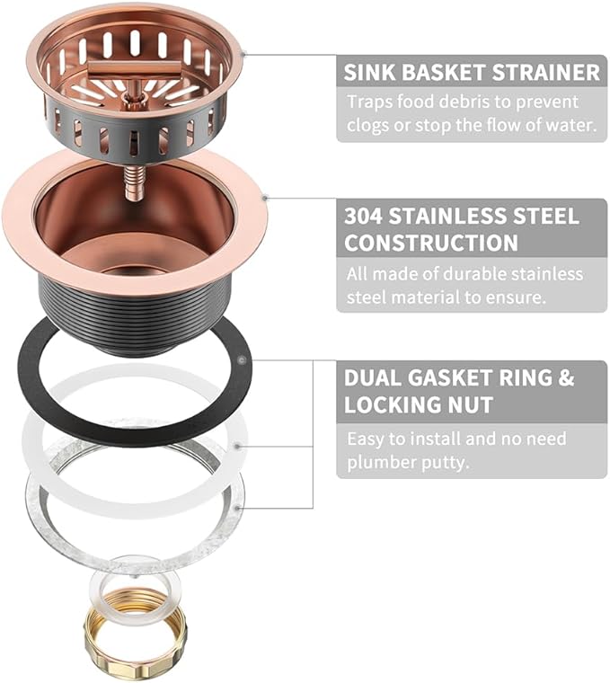 KONE 3.5" Copper Sink Drain - Stainless Steel Strainer