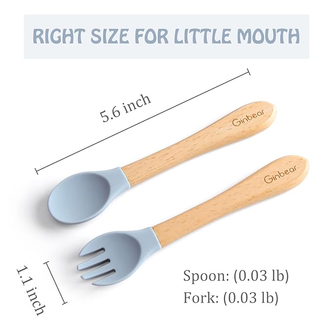 Ginbear Silicone Baby Spoons and Forks Self-feeding 12-18 Months, Soft-Tip Baby Flatware Sets, Toddler Feeding Utensils for Child, 4 Piece Set (Hazy Green/Almond)
