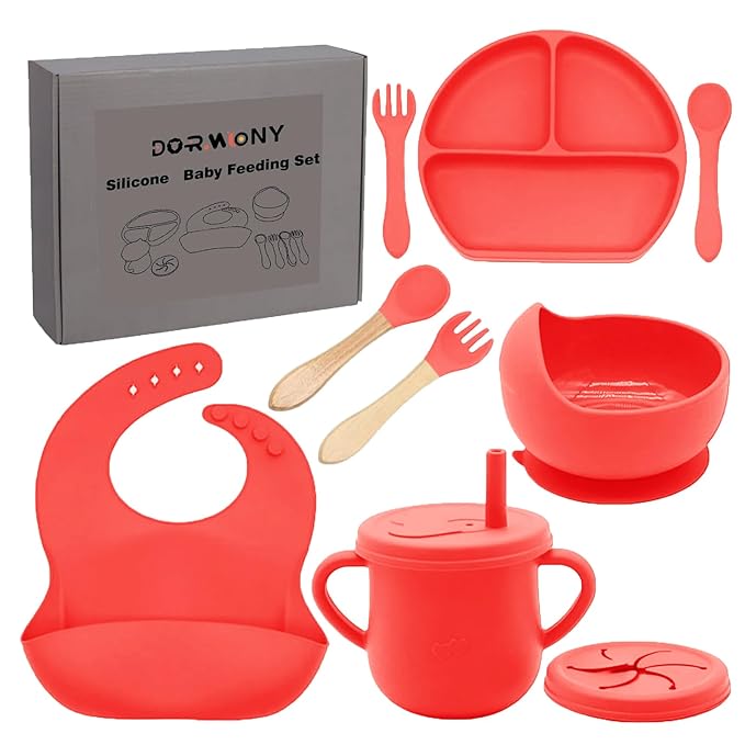 100% Silicone baby feeding set,BPA free Baby dishes set with Suction Bowl Divided Plate,Toddler Self Feeding Dish Set with Spoons Forks Sippy Cup And Bib, Baby Eating Utensils (Scarlet)