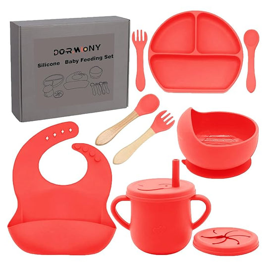 100% Silicone baby feeding set,BPA free Baby dishes set with Suction Bowl Divided Plate,Toddler Self Feeding Dish Set with Spoons Forks Sippy Cup And Bib, Baby Eating Utensils (Scarlet)