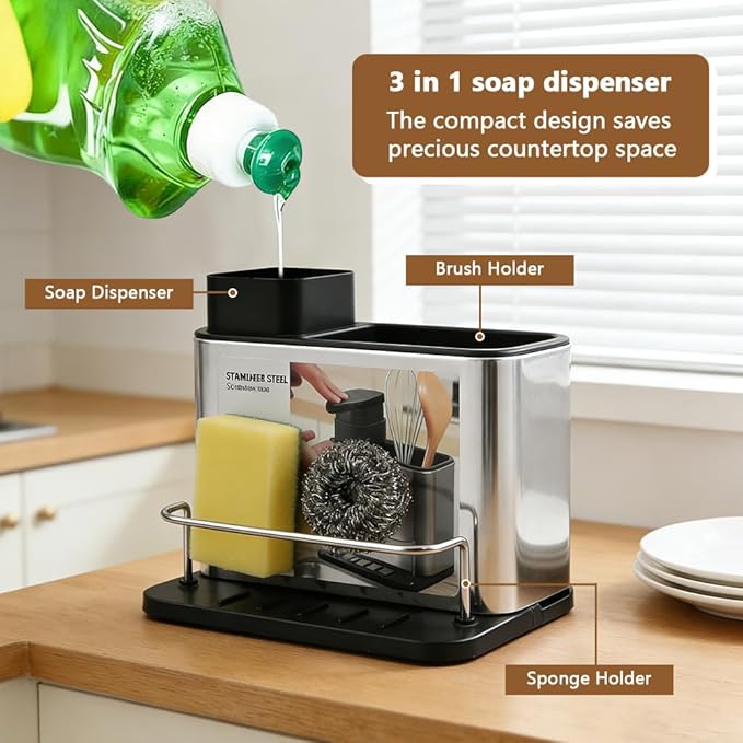 3-in-1 Dish Soap Dispenser, Sponge Holder for Kitchen Sink Caddy, Organizer Dish Soap Dispenser with Cleaning Brush and Tray Drainer Rack Countertop