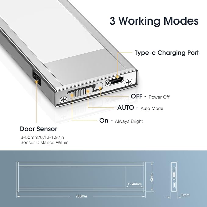 VST Rechargeable Drawer Lighting, Door Open Activated ON/Off, Stick-ON LED Cabinet Light for Wardrobe Kitchen Basement Trunk Pantry Gun Safe (2 Pack, Warm Light - 3000K)