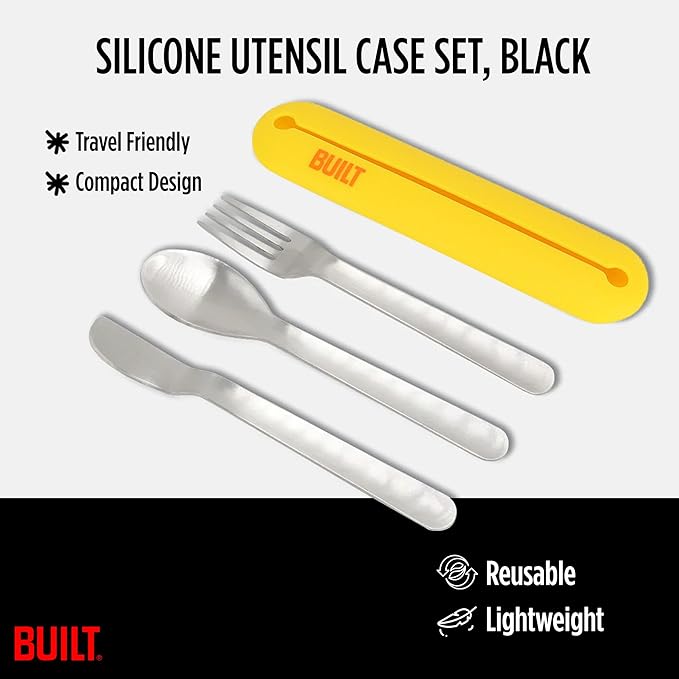 Built Reusable Utensil Set with Silicone Storage Case, Lemon - Lightweight Stainless Steel Fork, Knife, Spoon for Zero Waste Living, Picnics, Lunch Bags - Camping Flatware Sets for Daily Use/Outdoor