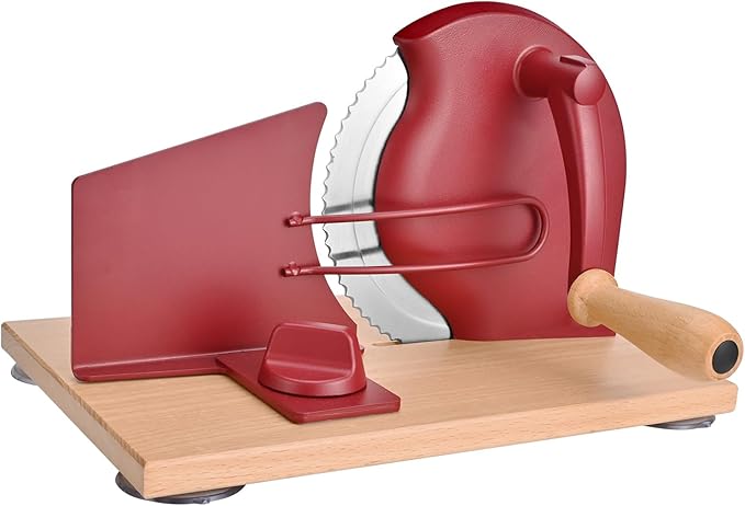 SOWKIPE Manual Bread Slicer with Hand Crank, Classic Home Bread Slicer for Homemade Sourdough, Rotary Slicer with Adjustable Thickness, Premium Stainless Steel & Powerful Suction Cups (Red)