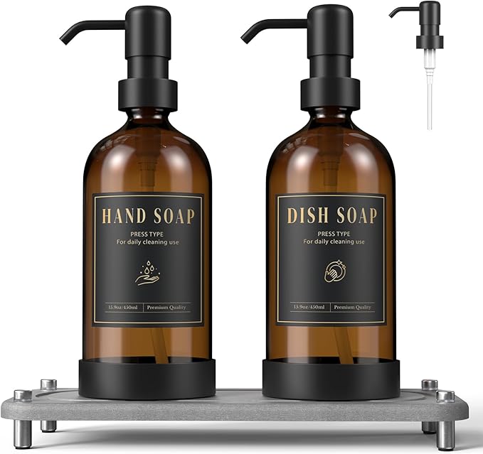 Luxspire Soap Dispenser Set, Hand Soap Dispensers with Fast Drying Tray, 17 oz Glass Refillable Liquid Bottle for Bathroom & Kitchen, Kitchen, 2 Pack, Brown + Dark Gray