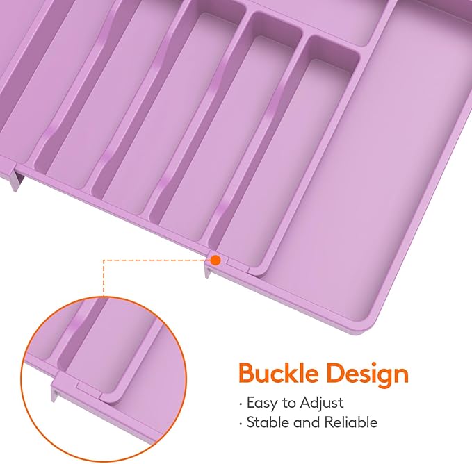 Lifewit Silverware Drawer Organizer, Expandable Utensil Tray for Kitchen, BPA Free Flatware and Cutlery Holder, Adjustable Plastic Storage for Spoons Forks Knives, 13-22 x 15", Purple