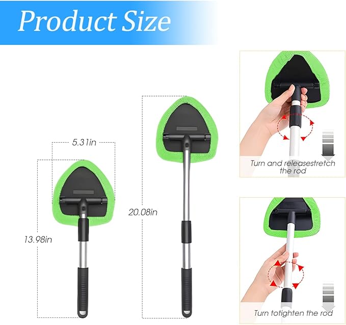 Windshield Cleaning Tool, Car Window Cleaner with Extendable Long Handle and 4 Washable Reusable Microfiber Pads