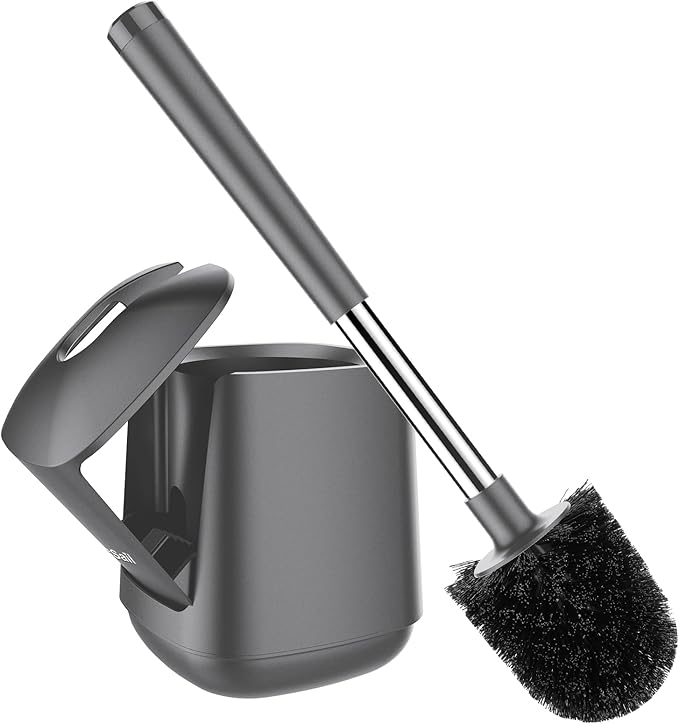 SetSail Toilet Brush and Holder, Self Closing Lid Toilet Bowl Brushes Holder and Extra Long Handle Ventilated Toilet Brush Set for Bathroom Cleaning, Nylon Bristles, Grey