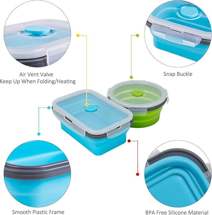 Collapsible Food Storage Containers with Lid & Air Vent, 8 Pack, 4 Rectangular + 4 Round