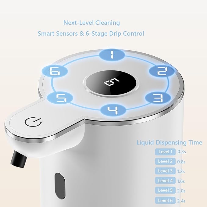 Automatic Liquid Soap Dispenser, Touchless Hands-Free, Crisp White - USB-C Rechargeable with LED Display (Battery Included), 7000 Uses, 6 Dispensing Settings, for Kitchen Bathroom, Mountable
