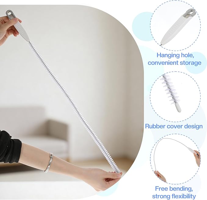 Upgraded Pipe Cleaner Brush, 24.8” Flexible Drain Cleaning Tool for Sink Overflow & Sewer, Bendable Long Brush with Forceps to Catch Hair & Debris