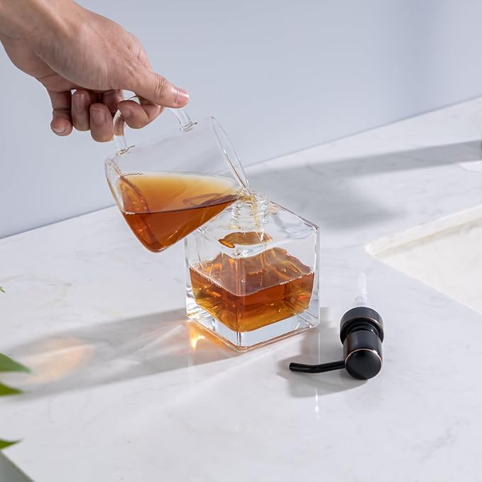Square Bathroom Soap Dispenser Oil Rubbed Bronze, Glass Bottles with Stainless Steel Pump Retangle Cube Liquid Soap Dispenser Hand Kitchen with Waterproof Lables