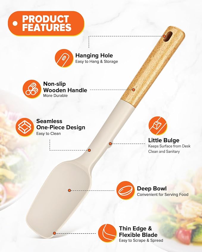 Silicone Spoon Spatula, Great For Scraping Bowls And Scooping Batter, Sturdy Bpa-Free Matte Silicone, Wooden Handle Rubber Spatula For Nonstick Cookwares (KHAKI)