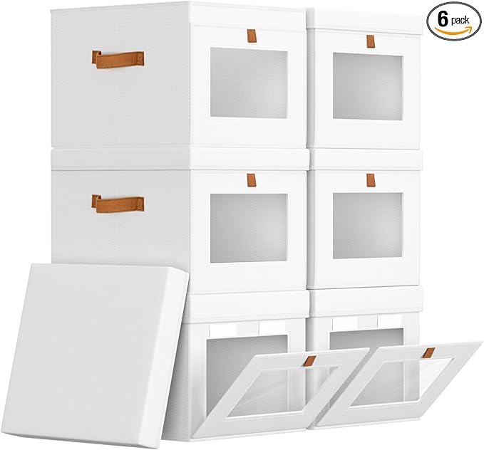 Homsorout Storage Bins with Lid – Closet Organizer with Side Opening and Clear Window, Foldable Stackable Fabric Basket for Clothes, Home, Office - 13.77" x 11.8" x 9.8", 6 Pack, White