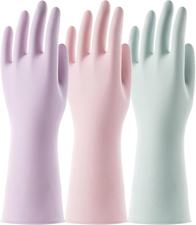 COOLJOB 3 Pairs Colorful Household Gloves with Cotton Liner & Non-slip Grip, Water Resistant Reusable Dish Washing Rubber Gloves for Kitchen & Bathroom Cleaning, Large