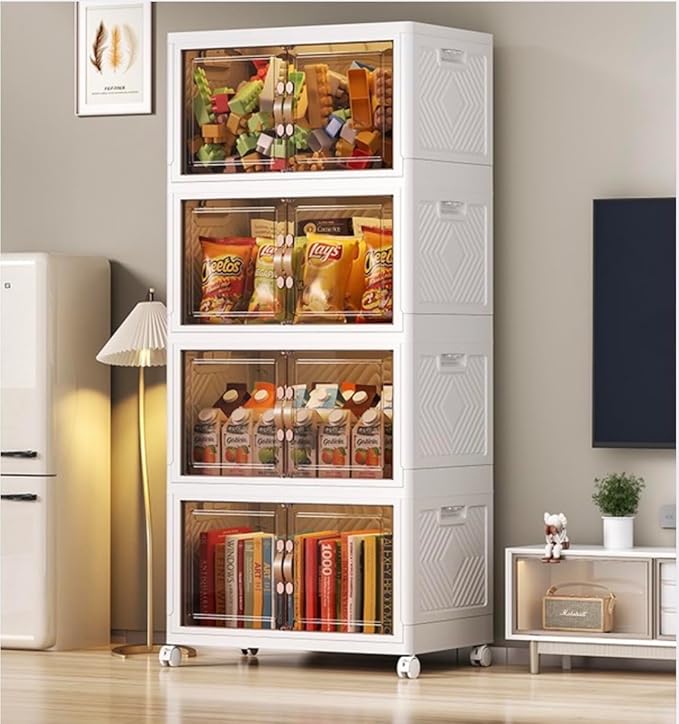 4 Tier Stackable Storage Bins with Wheels, Foldable Storage Organizer with Doors & Lid, Clear Front Plastic Storage Boxes for Clothes, Toys, Books, Closet & Home Organization