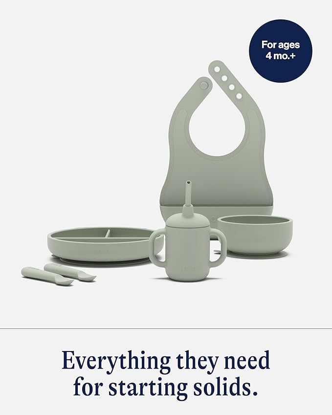 Lalo First Bites Silicone Baby Feeding Set - Baby Led Weaning Supplies - Non-Toxic Silicone - Includes 1 Bib, 2 Spoons, Training Cup, Suction Plate and Bowl - 6 Pieces - Sage