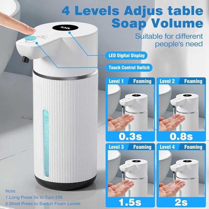 Touchless Automatic Soap Dispenser for Kitchen and Bathroom, Liquid Hand Soap Dispenser, Water-Resistant and Rechargeable, 14.2oz/420ml ，Intelligent Digital Display，4-Level Adjustable,Modern