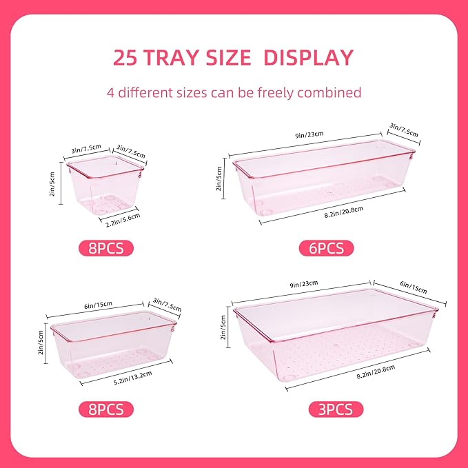 Pink Acrylic Drawer Organizers - 25 Pcs (Desk/Vanity/Bathroom)