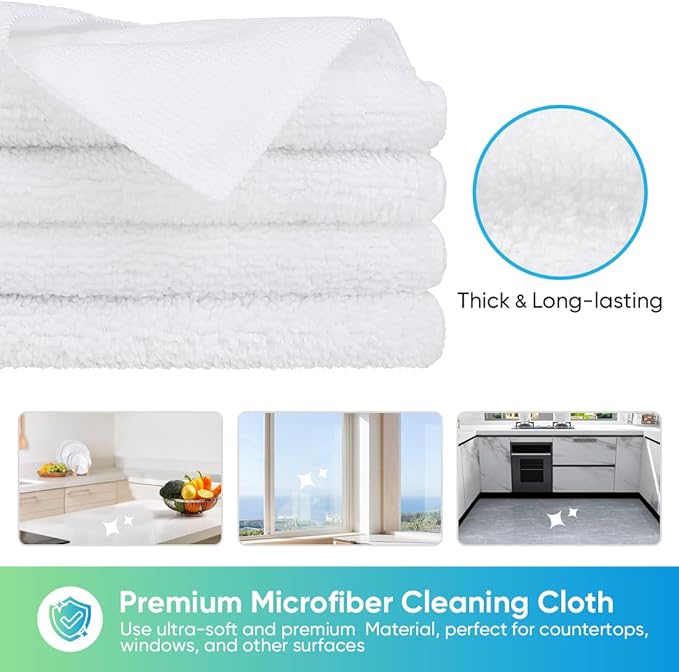 HOMEXCEL White Microfiber Cleaning Cloth, 12 Pack Premium Microfiber Towels for Cars, Lint Free, Scratch-Free, Highly Absorbent, Reusable Cleaning Rags for Car, Household, Kitchen, Window, 11.5"X11.5"