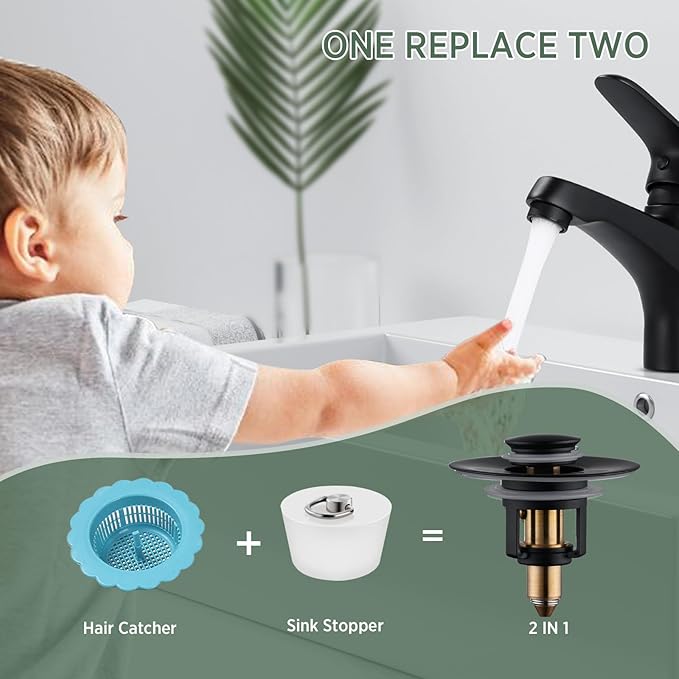 Universal Bathroom Sink Stopper - 2 Pack Matte Black Pop Up Drain Stopper for 1.06"-1.65" Basin Drain Holes,Anti Clogging Bathroom Sink Drain Strainers with Hair Catcher