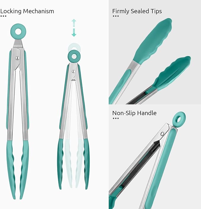 600ºF Heat Resistant Kitchen Tongs: U-Taste 9 inch Silicone Cooking Tong with Firm Sealed Non Stick Rubber Tips & Silicon Coated 18/8 Stainless Steel Handle & Smooth Locking for Serving Salad-Aqua Sky