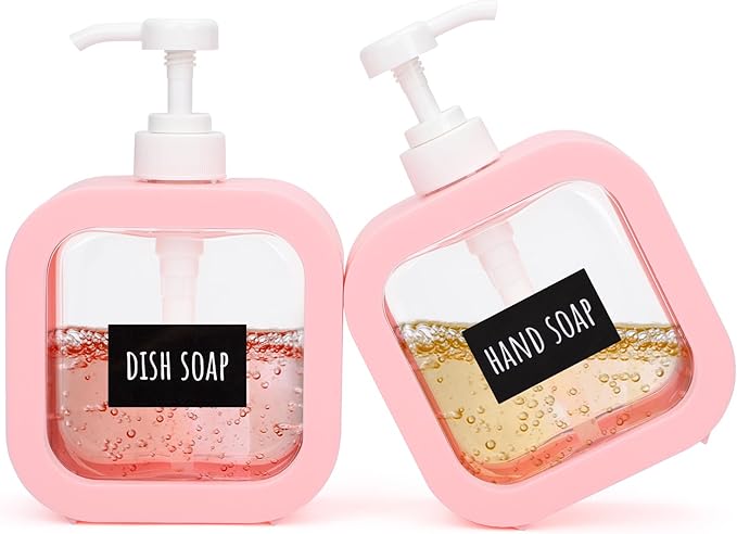 Segbeauty 2pcs Refillable Soap Dispenser for Kitchen,16.9oz Empty Hand Soap Dispenser, 500ml Liquid Soap Dispensers for Bathroom, Pink Lotion Bottle for Kitchen Sink with Pump and Waterproof Labels