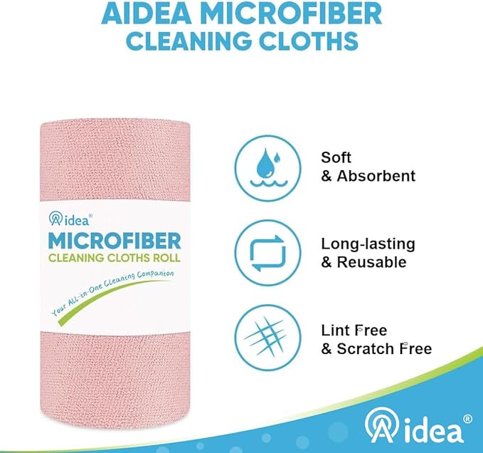 AIDEA Microfiber Cleaning Cloth 165 Sheets 3 Roll, Pink, Microfiber Towels for Cars, Shop Towels, Shop Rags Washable,Cleaning Rags Reusable Paper Towels for Automotive, Workshops, House,11×9"