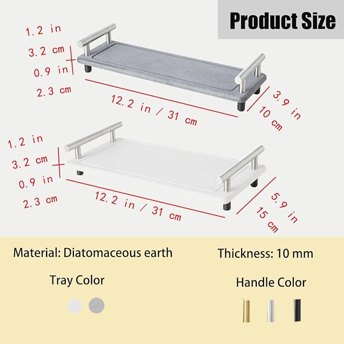 Instant Dry Sink Caddy Organizer,Diatomaceous Earth Bathroom Organizer with Handle Water Absorbing Stone Tray for Sink Water Absorbent Diatomite Coasters (L White Black Handle)