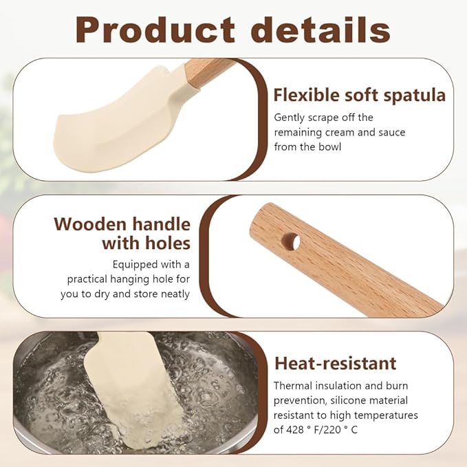 5 Pcs Silicone Spatula Set, Nonstick Rubber Spatulas with Wooden Handle, Soup Spoon Scraper, Jar Scraper for Cooking, Baking, Mixing, Frosting(COLOR:White)