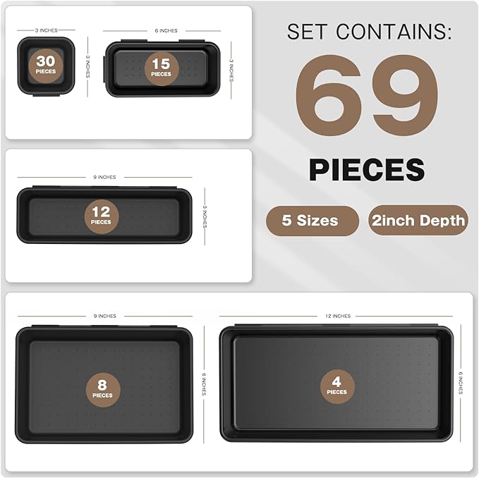 More Larger Size A-LUGEI 69 PCS-5 Size Tool Box Organizer Tray Divider Set Black