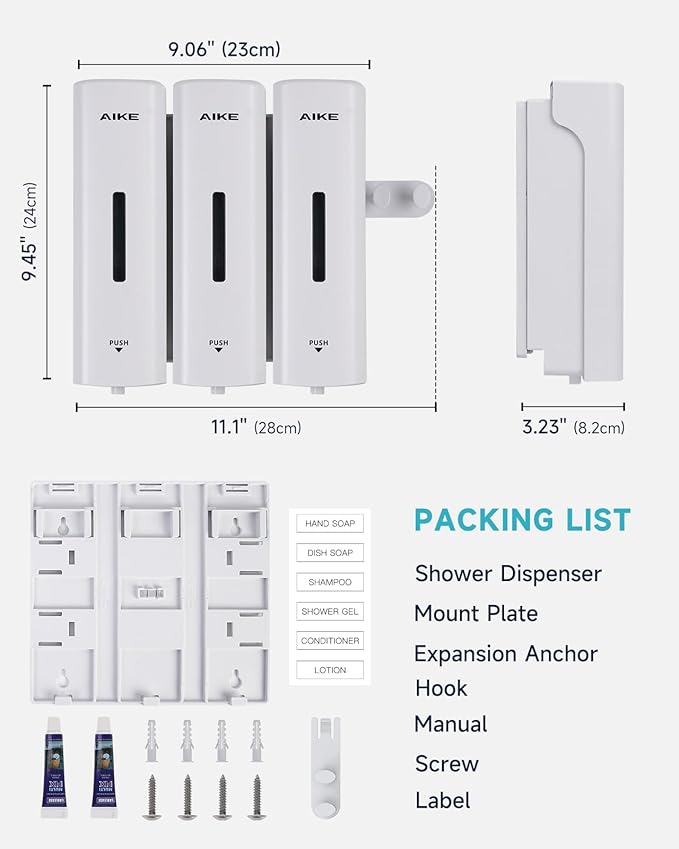 AIKE 3 Chambers Shower Shampoo and Conditioner Dispenser 3 x 11.8 fl.oz. for Bathroom(White)