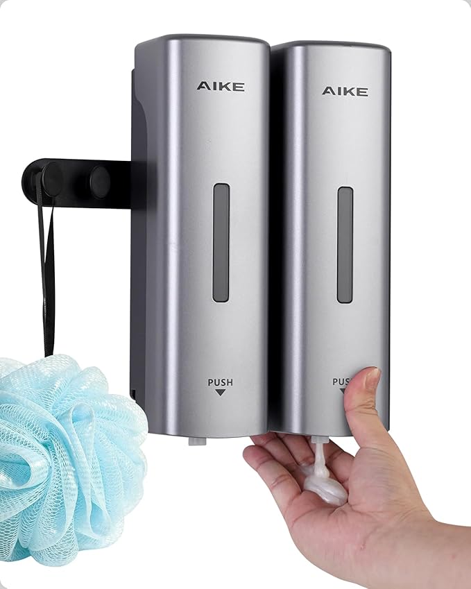 AIKE 2 Chambers Shower Shampoo and Conditioner Dispenser 2 x 11.8 fl.oz. for Bathroom(Silver)