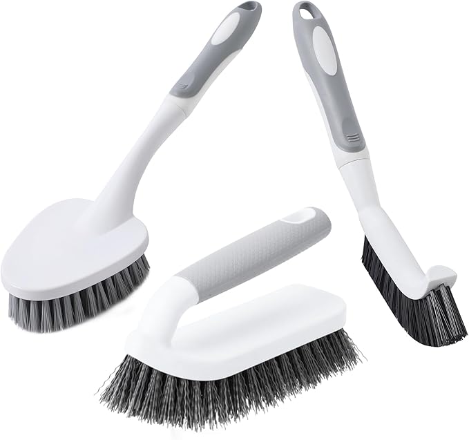 CLEANHOME 3 Pcs Scrub Brush,Multifunctional Cleaning Brush Set with Non-Slip Handle and Sturdy Bristles,Scrub Brushes for Cleaning Bathroom,Kitchen,Grout,Tile,Grey