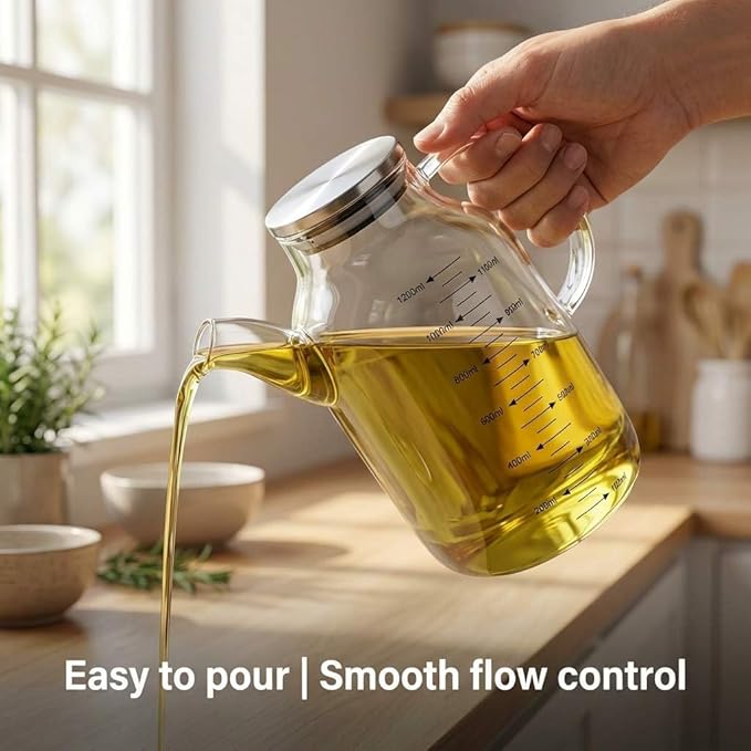 QWORK 1200ML/40Oz Large Glass Cooking Oil Bottle with Stainless Steel Lid, Oil & Vinegar Dispenser Bottle for Olive Oil, Vinegar, Soy Sauce, Kitchen No Drip Liquid Container